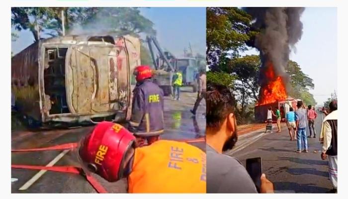 কুমিল্লার দাউদকান্দিতে ভয়াবহ সড়ক দুর্ঘটনা বাসে আগুন দুই শিশুসহ চারজনের মৃত্যু